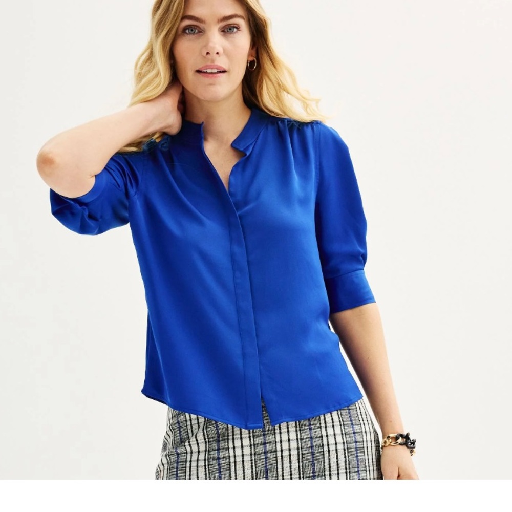 Nine West Women's Royal Blue Elbow Sleeve Button Down Shirt Sz XL